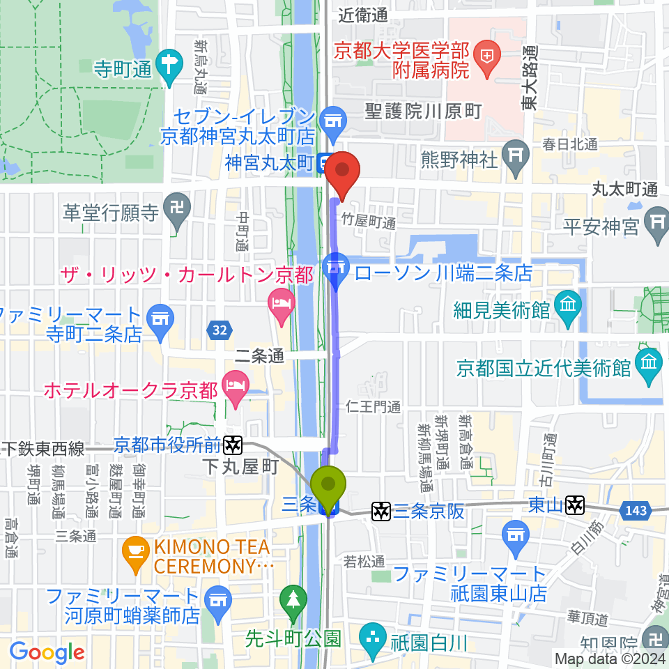 三条駅から京都メトロへのルートマップ地図