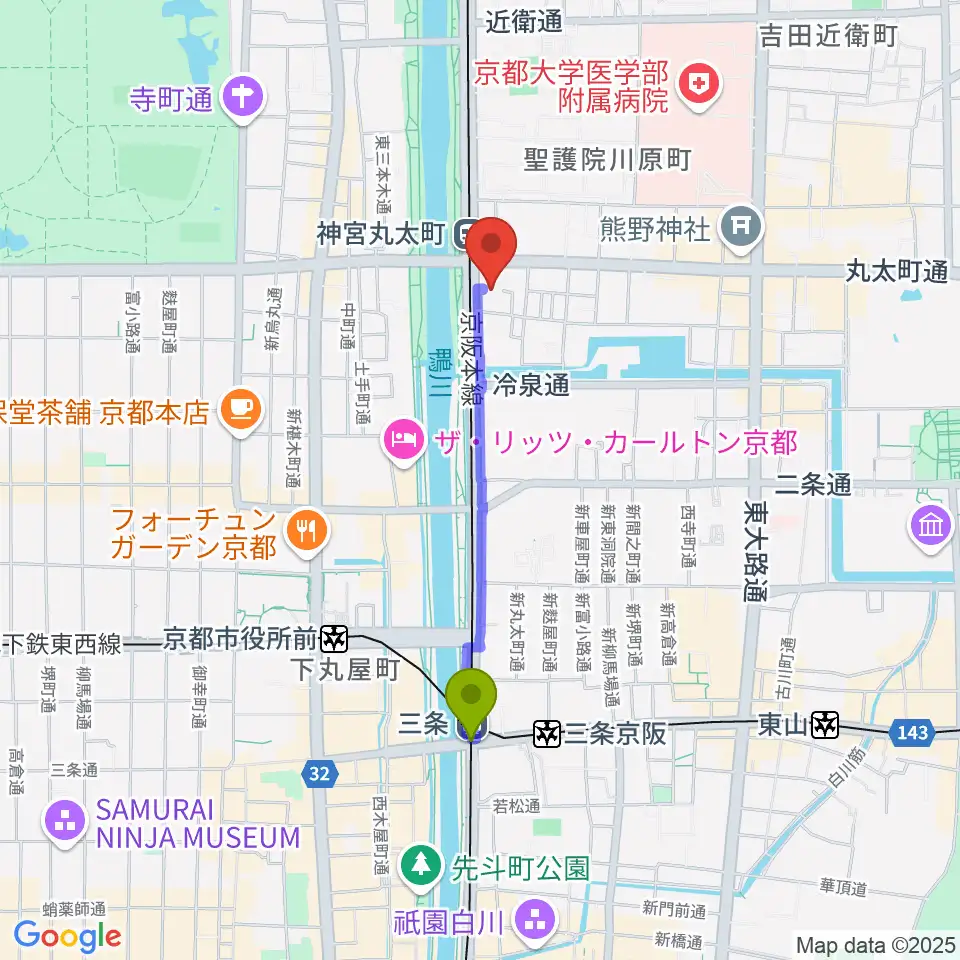 三条駅から京都メトロへのルートマップ地図