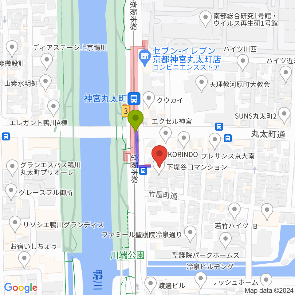 京都メトロの最寄駅神宮丸太町駅からの徒歩ルート（約1分）地図