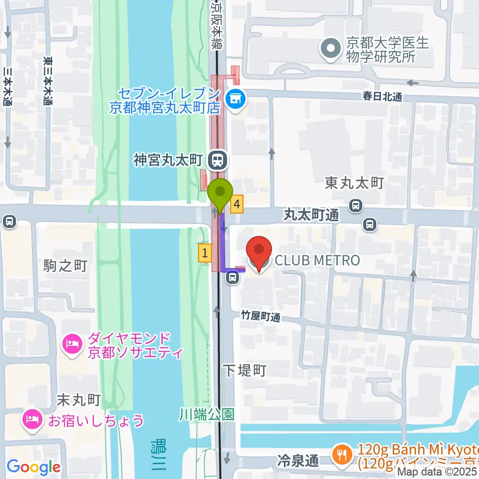 京都メトロの最寄駅神宮丸太町駅からの徒歩ルート（約1分）地図