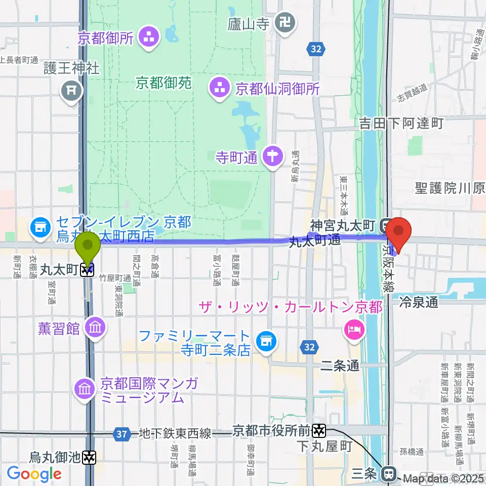 丸太町駅から京都メトロへのルートマップ地図