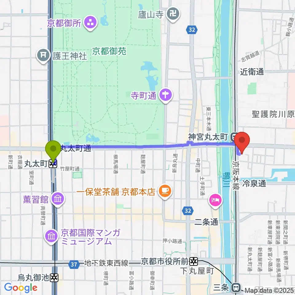 丸太町駅から京都メトロへのルートマップ地図