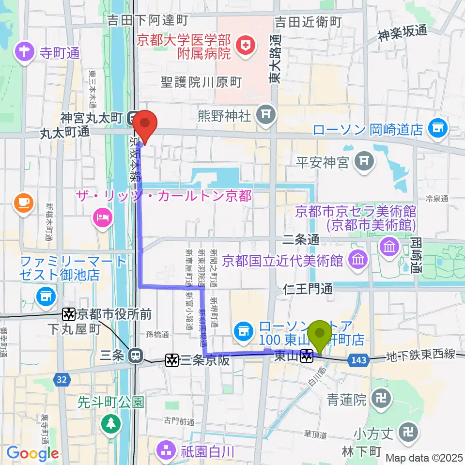 東山駅から京都メトロへのルートマップ地図