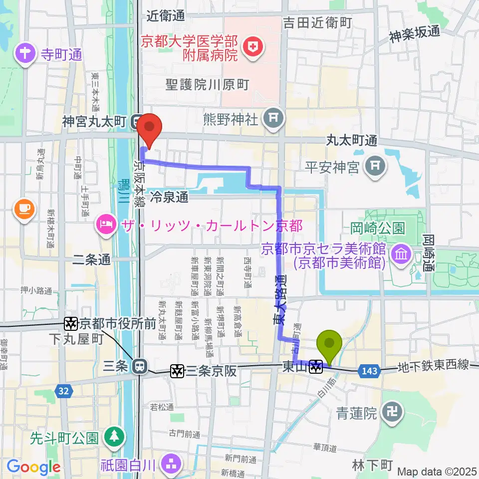 東山駅から京都メトロへのルートマップ地図