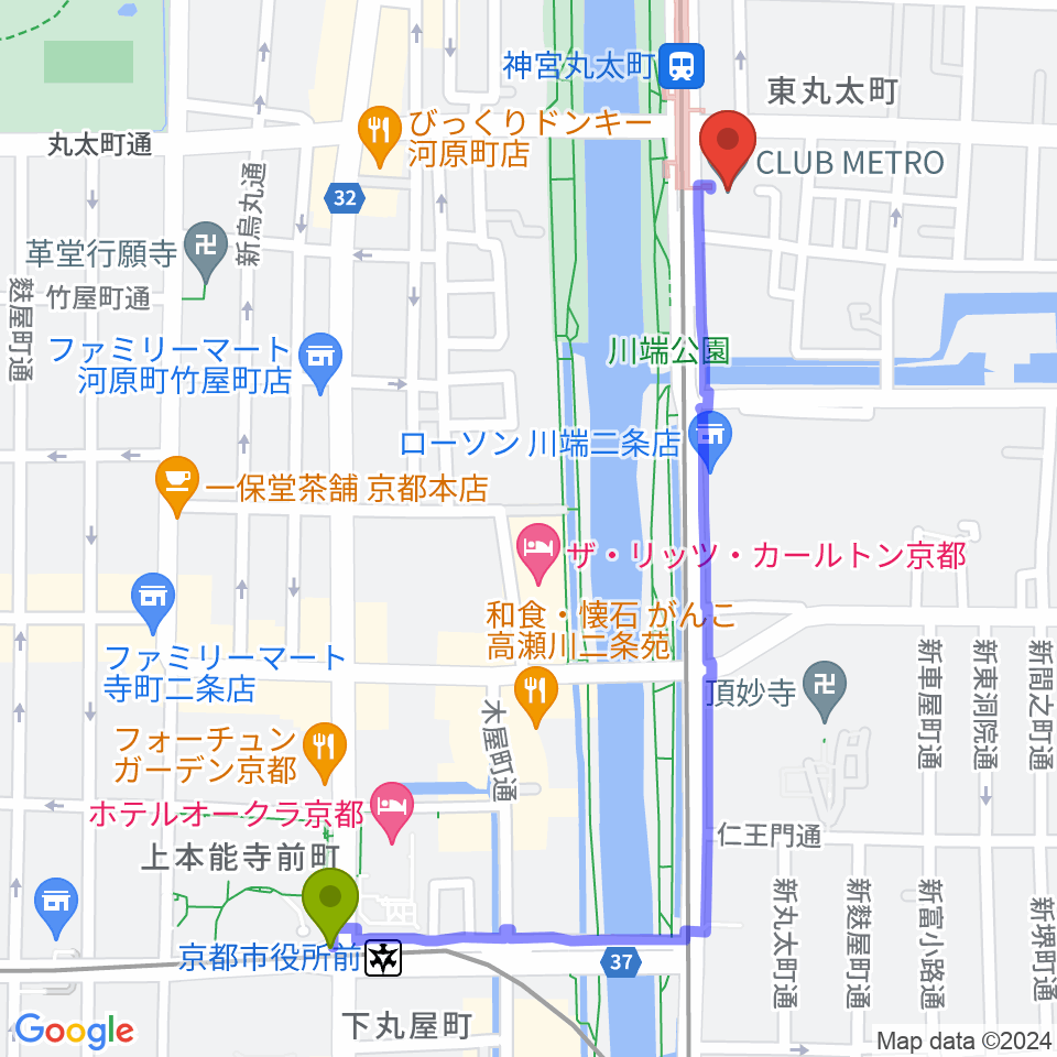 京都市役所前駅から京都メトロへのルートマップ地図
