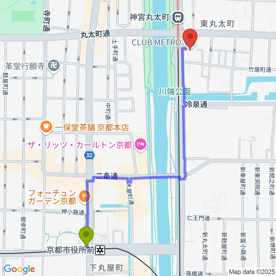 京都市役所前駅から京都メトロへのルートマップ地図