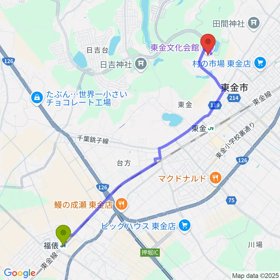 福俵駅から東金文化会館へのルートマップ地図