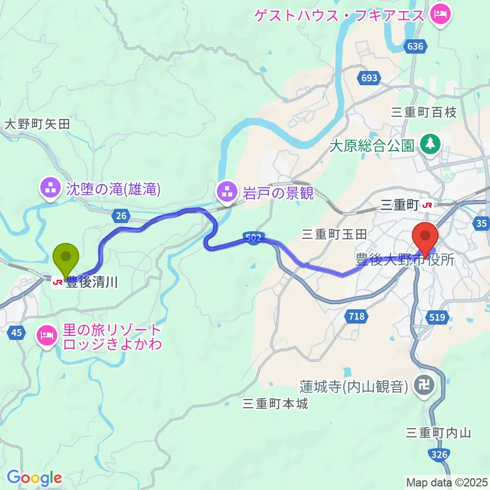 豊後清川駅から豊後大野市総合文化センター エイトピアおおのへのルートマップ地図