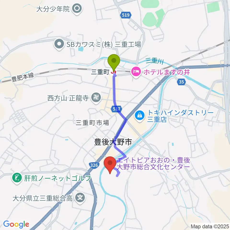 豊後大野市総合文化センター エイトピアおおのの最寄駅三重町駅からの徒歩ルート（約14分）地図