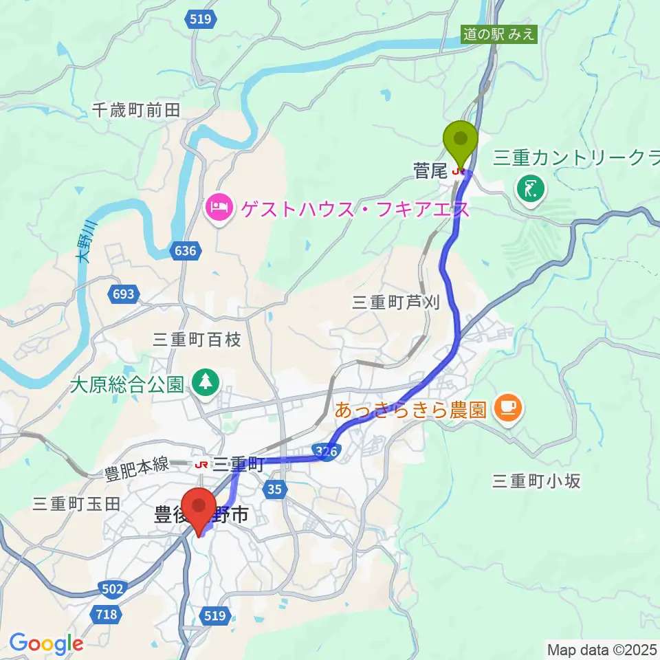 菅尾駅から豊後大野市総合文化センター エイトピアおおのへのルートマップ地図