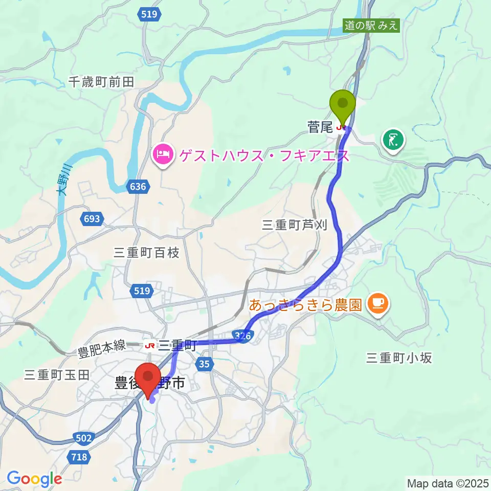 菅尾駅から豊後大野市総合文化センター エイトピアおおのへのルートマップ地図