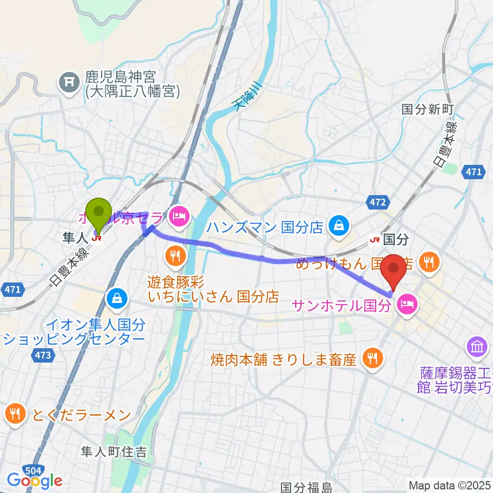 隼人駅から国分ハウジングホール 霧島市民会館へのルートマップ地図