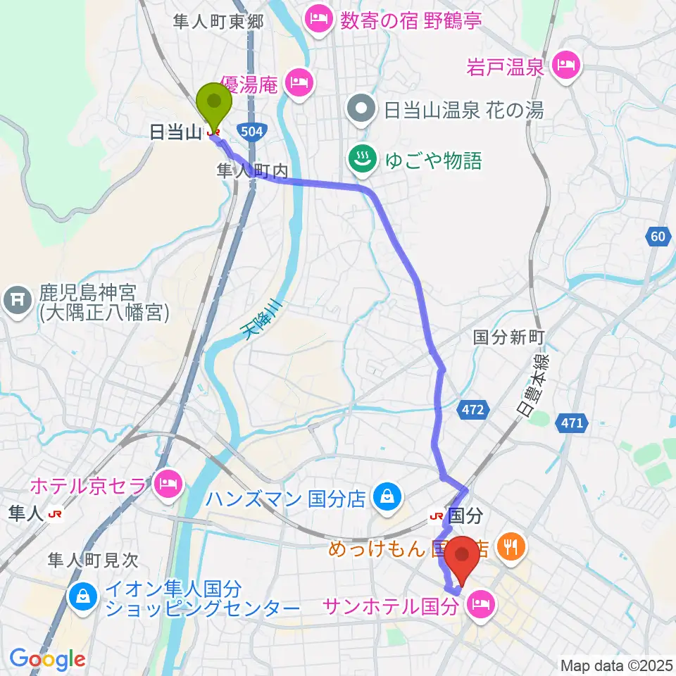 日当山駅から国分ハウジングホール 霧島市民会館へのルートマップ地図