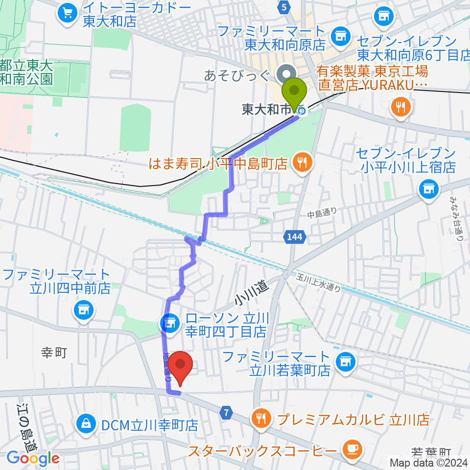 東大和市駅からCHABOHIBA HALL（チャボヒバホール）へのルートマップ地図