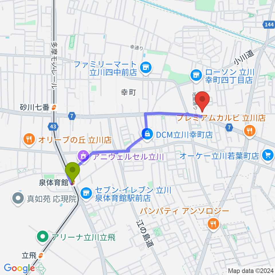 CHABOHIBA HALL（チャボヒバホール）の最寄駅泉体育館駅からの徒歩ルート（約17分）地図