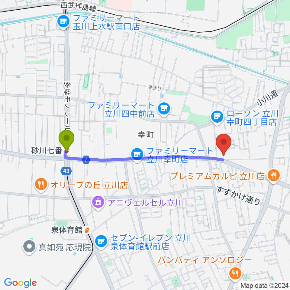 砂川七番駅からCHABOHIBA HALL（チャボヒバホール）へのルートマップ地図