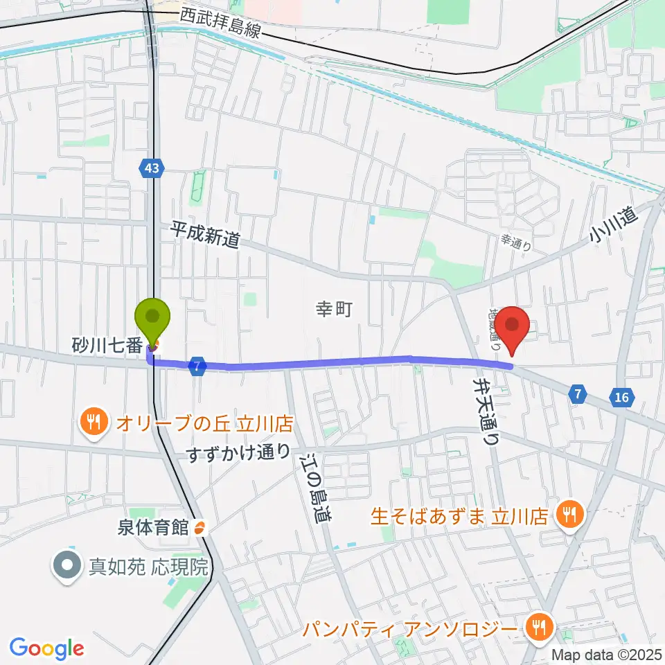 砂川七番駅からCHABOHIBA HALLへのルートマップ地図