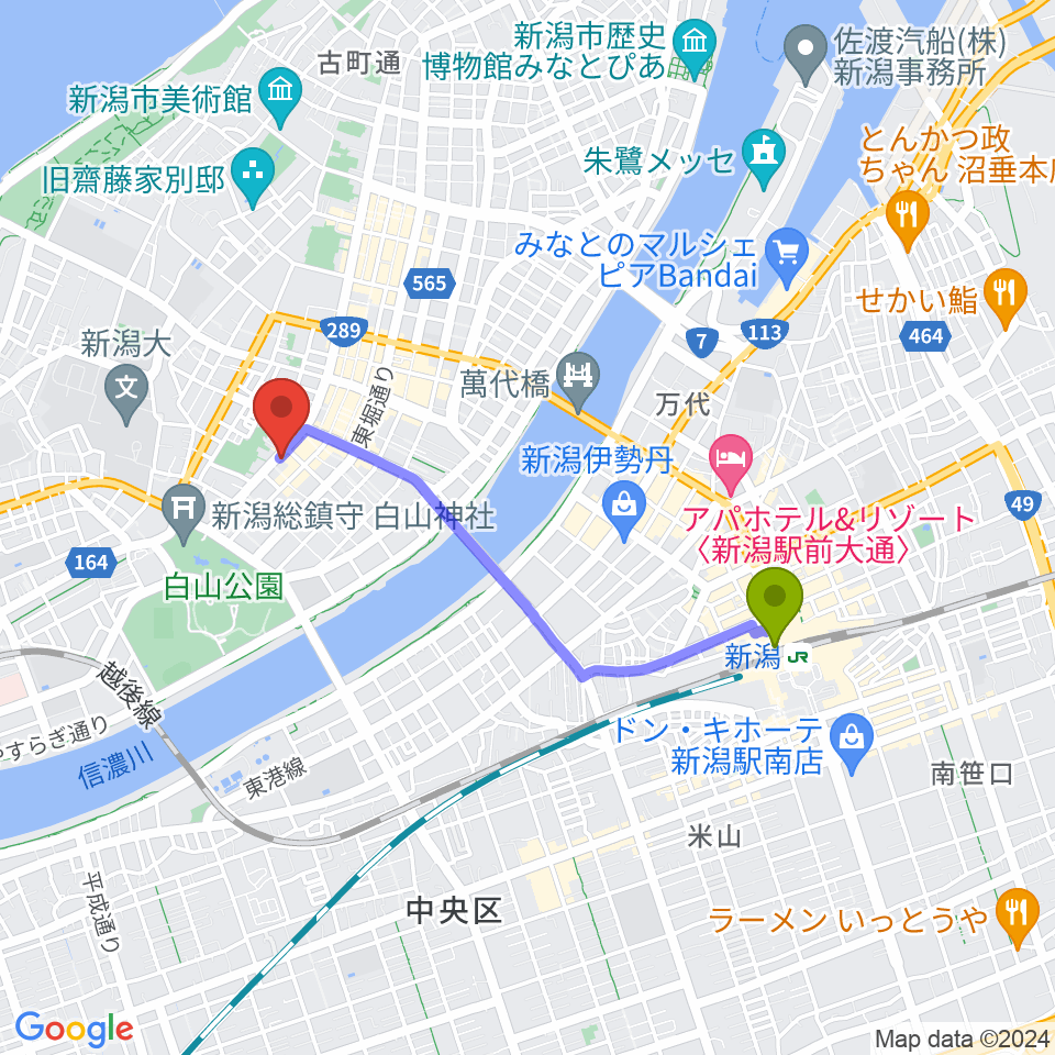 新潟駅からジャズ喫茶A7へのルートマップ地図