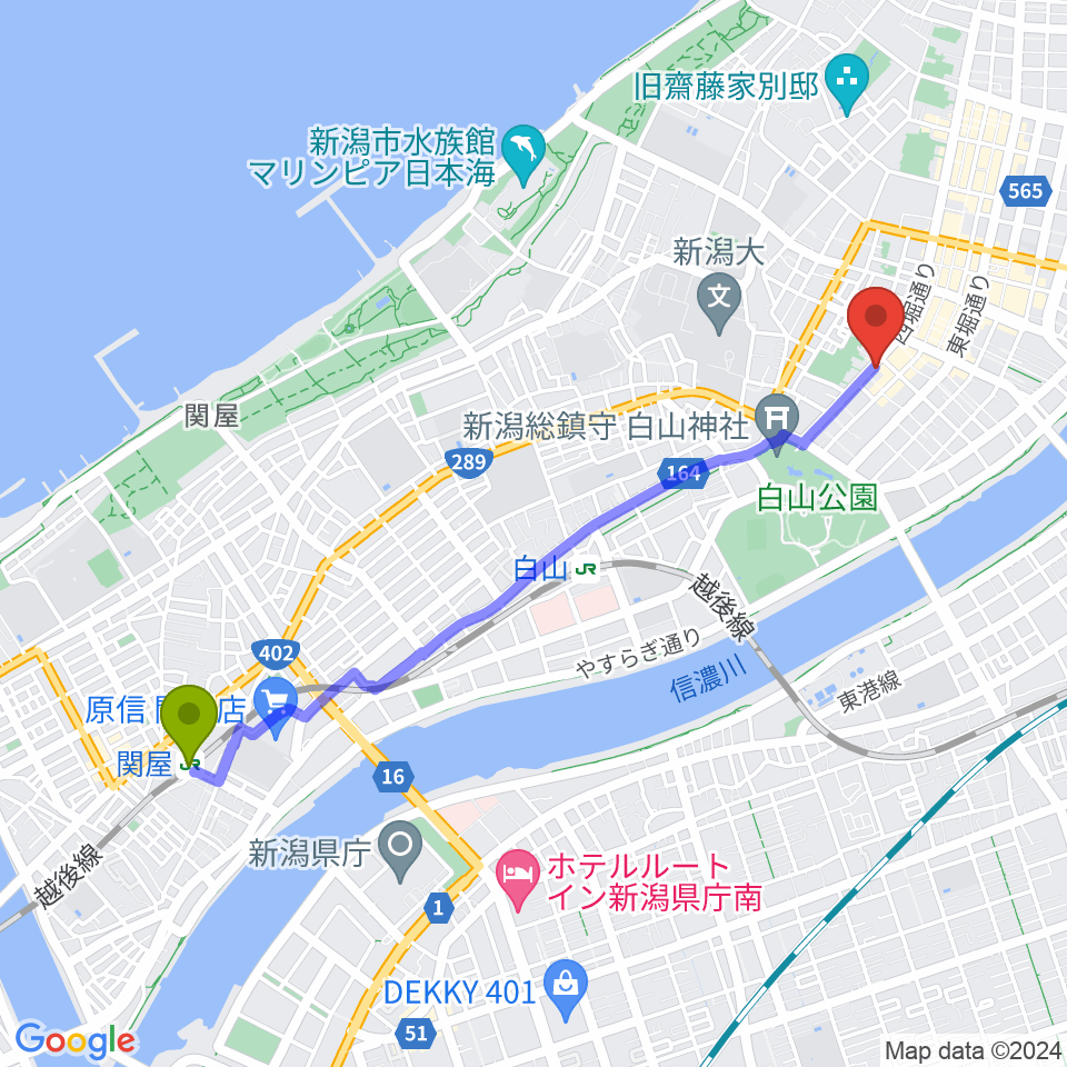関屋駅からジャズ喫茶A7へのルートマップ地図