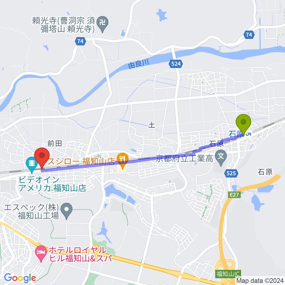 福知山サウンドラットの最寄駅石原駅からの徒歩ルート（約45分）地図