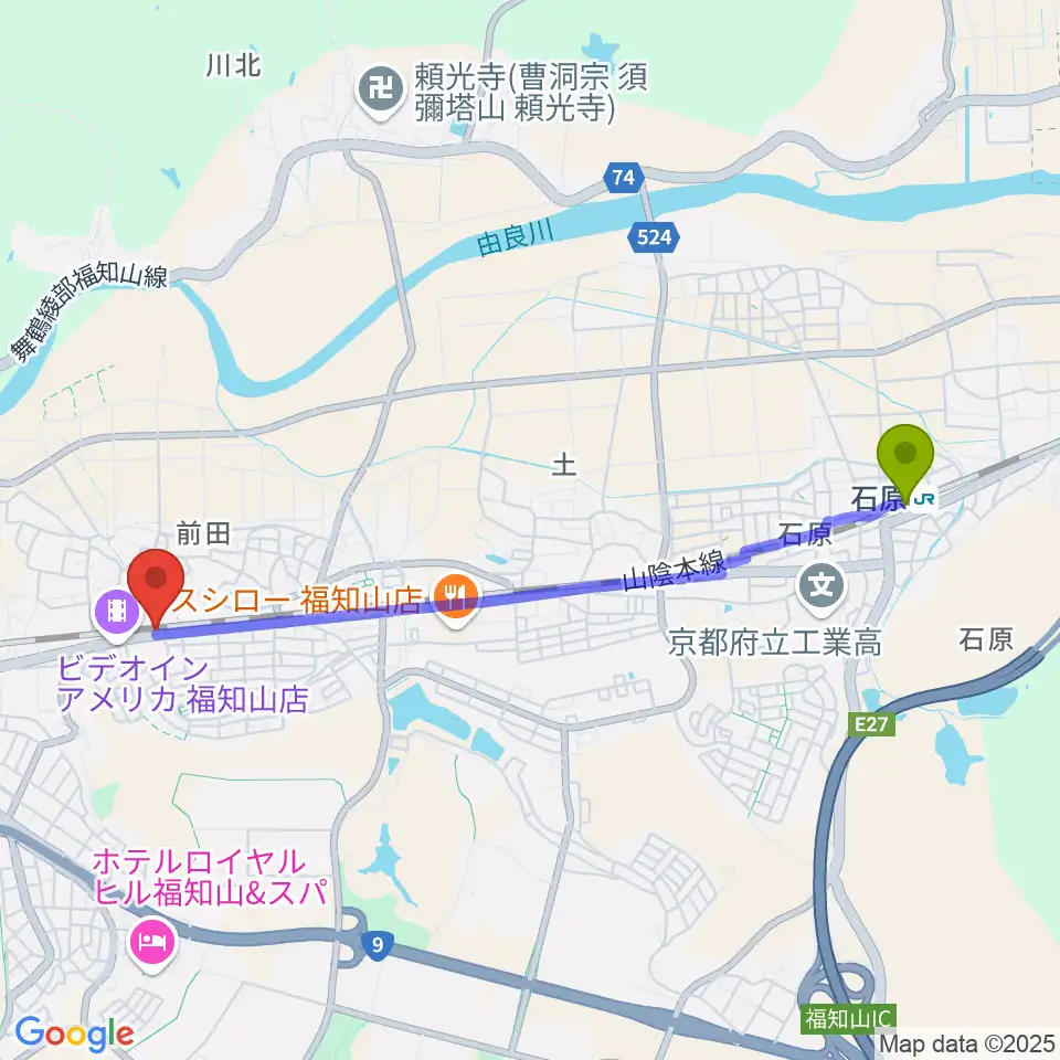 福知山サウンドラットの最寄駅石原駅からの徒歩ルート（約45分）地図