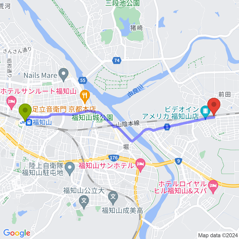 福知山駅から福知山サウンドラットへのルートマップ地図