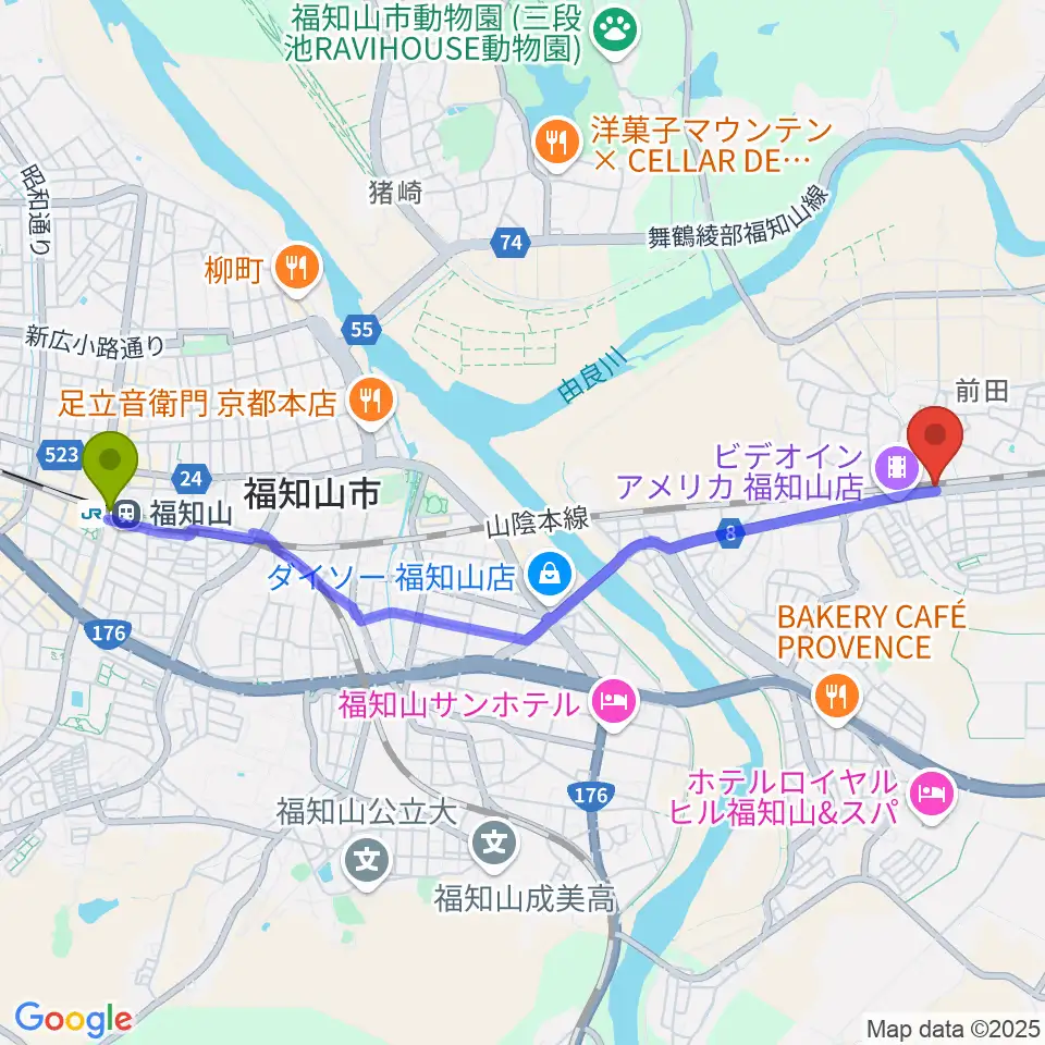 福知山駅から福知山サウンドラットへのルートマップ地図