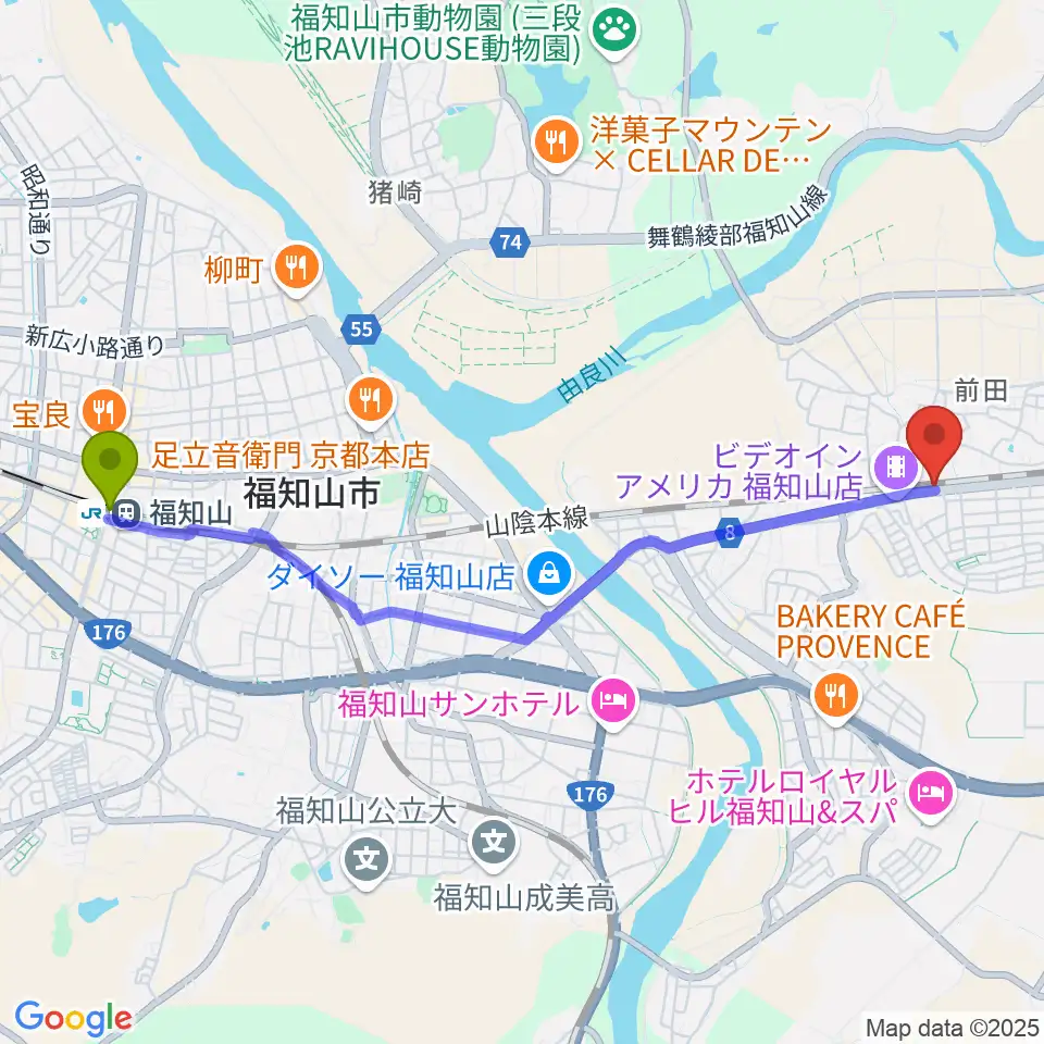 福知山駅から福知山サウンドラットへのルートマップ地図
