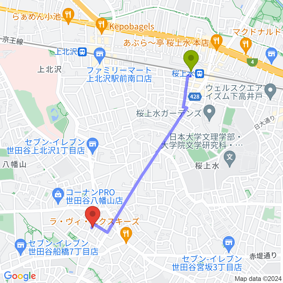 桜上水駅から経堂ゴキゲンヤガレージへのルートマップ地図