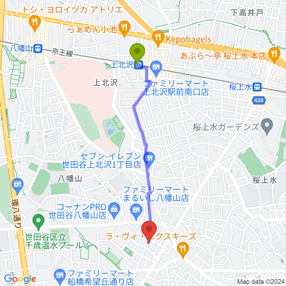 経堂ゴキゲンヤガレージの最寄駅上北沢駅からの徒歩ルート（約19分）地図