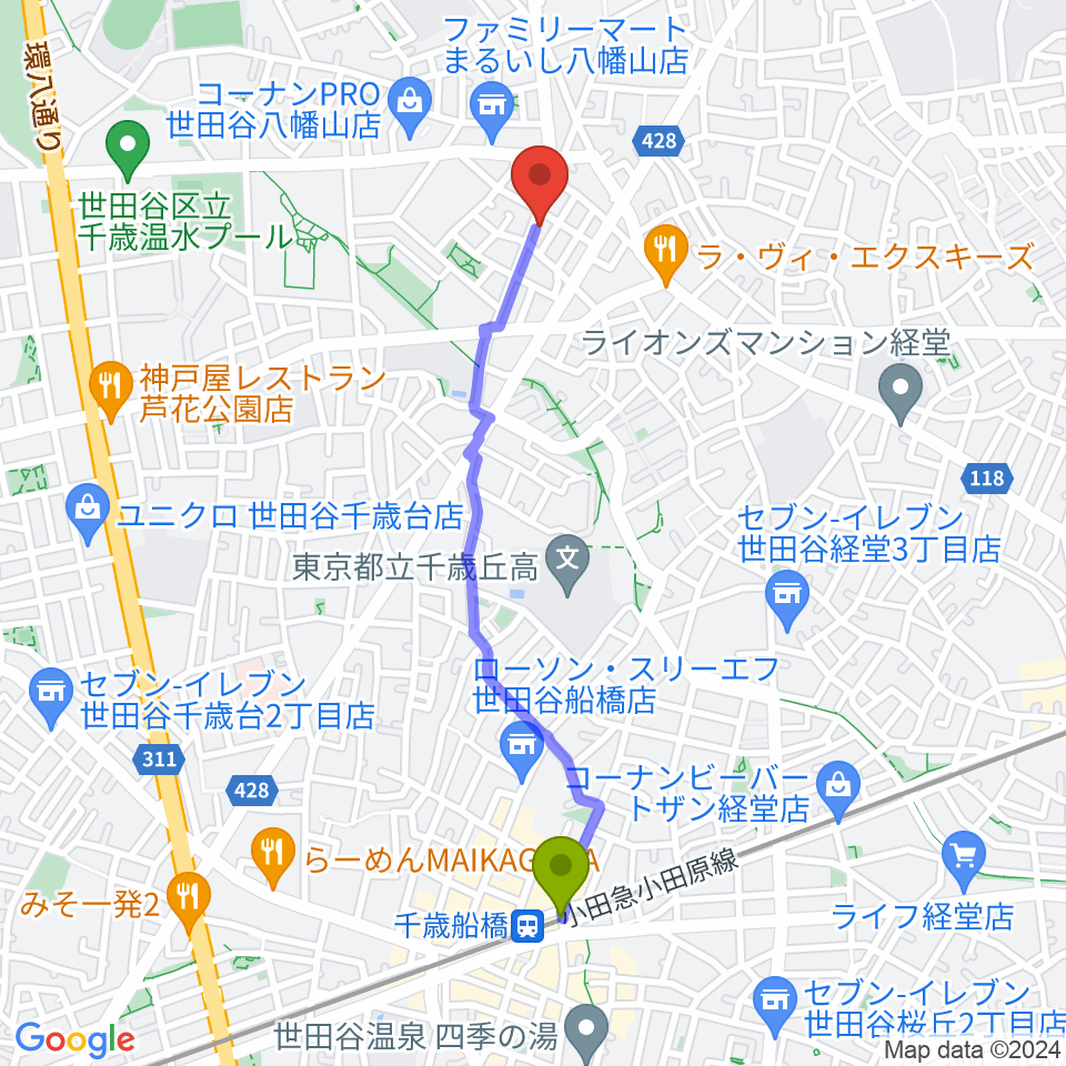 千歳船橋駅から経堂ゴキゲンヤガレージへのルートマップ地図