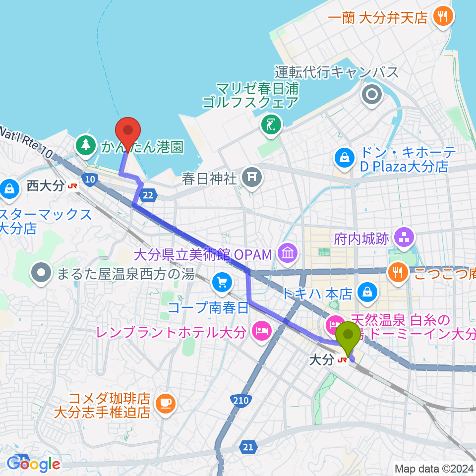 大分駅からT.O.P.S STUDIOへのルートマップ地図