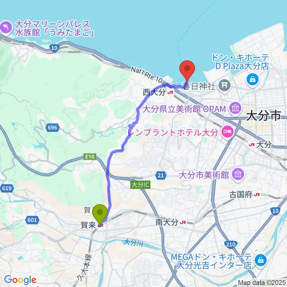 賀来駅からT.O.P.S STUDIOへのルートマップ地図