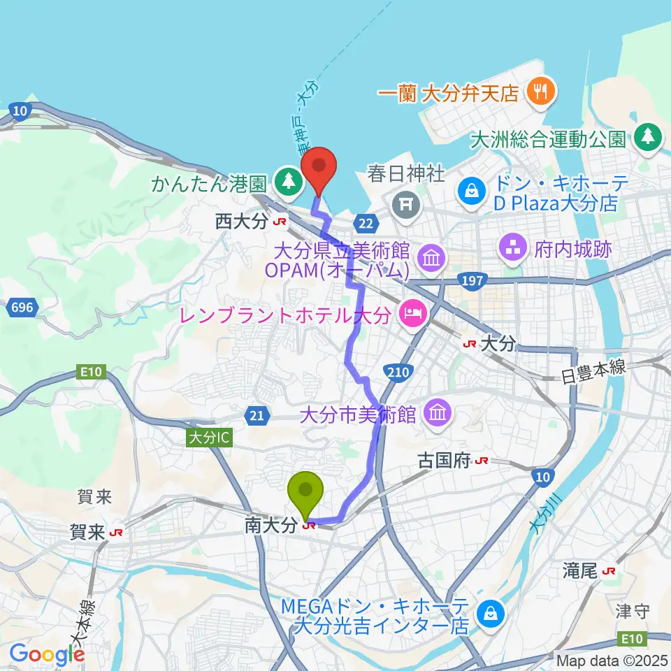 南大分駅からT.O.P.S STUDIOへのルートマップ地図