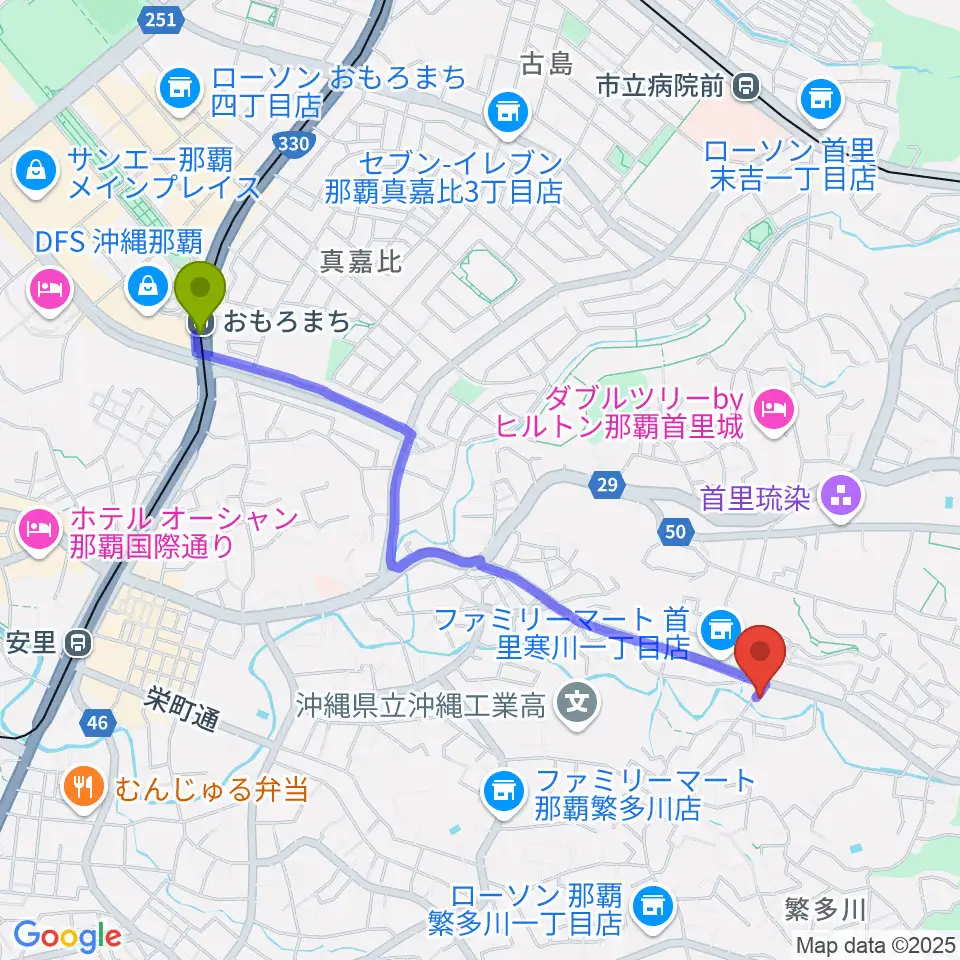 おもろまち駅からstudio SPADESへのルートマップ地図