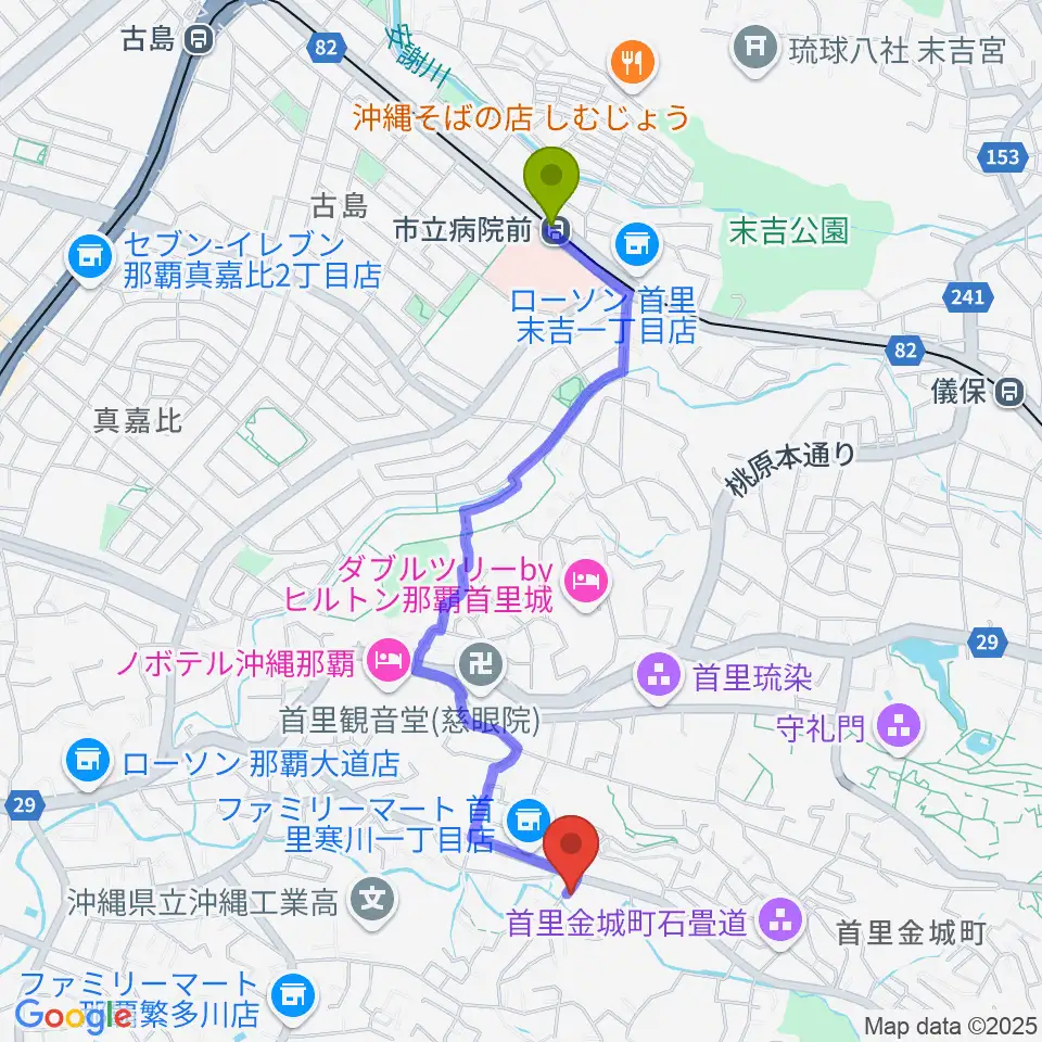 studio SPADESの最寄駅市立病院前駅からの徒歩ルート（約22分）地図