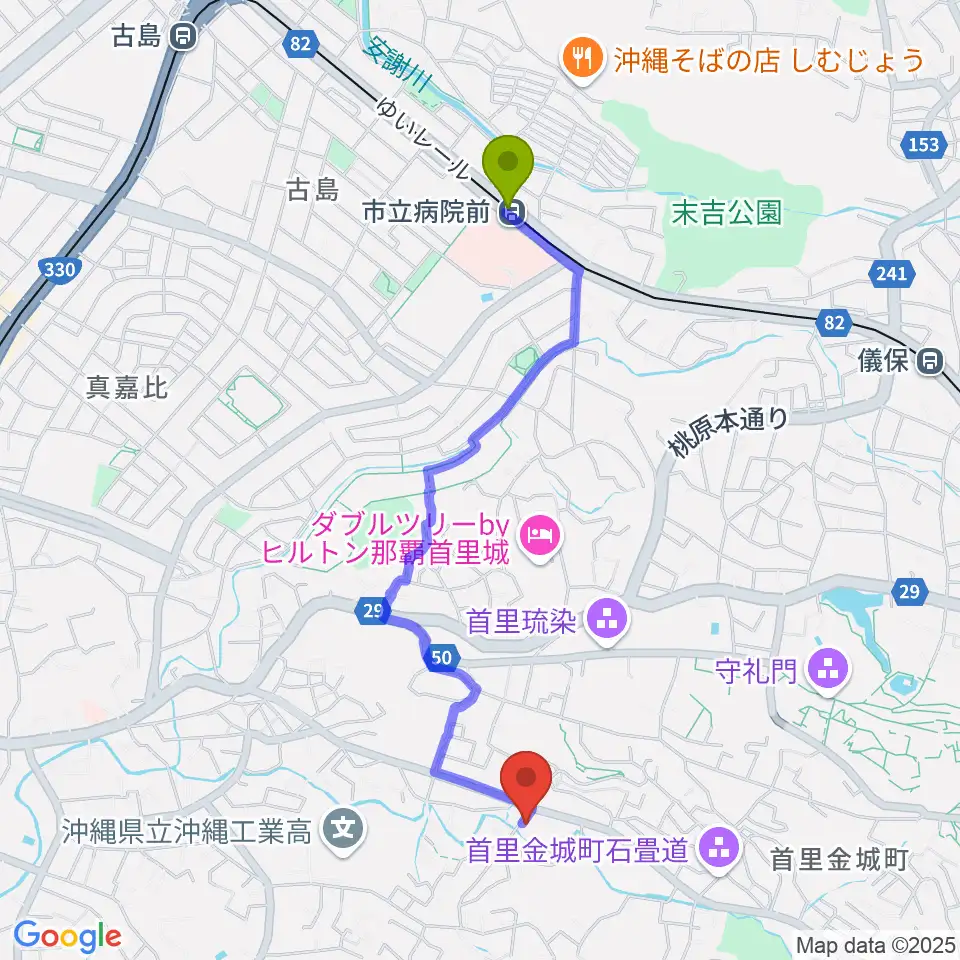 studio SPADESの最寄駅市立病院前駅からの徒歩ルート（約22分）地図