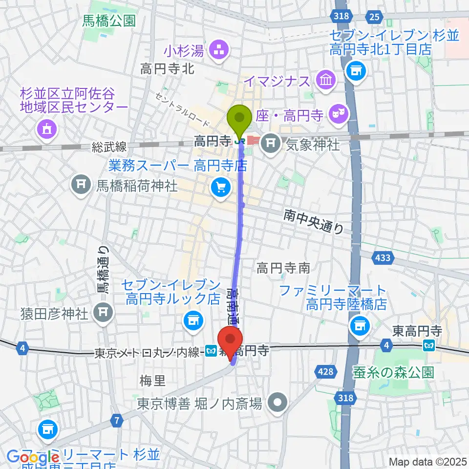 高円寺駅からラパン音楽教室へのルートマップ地図