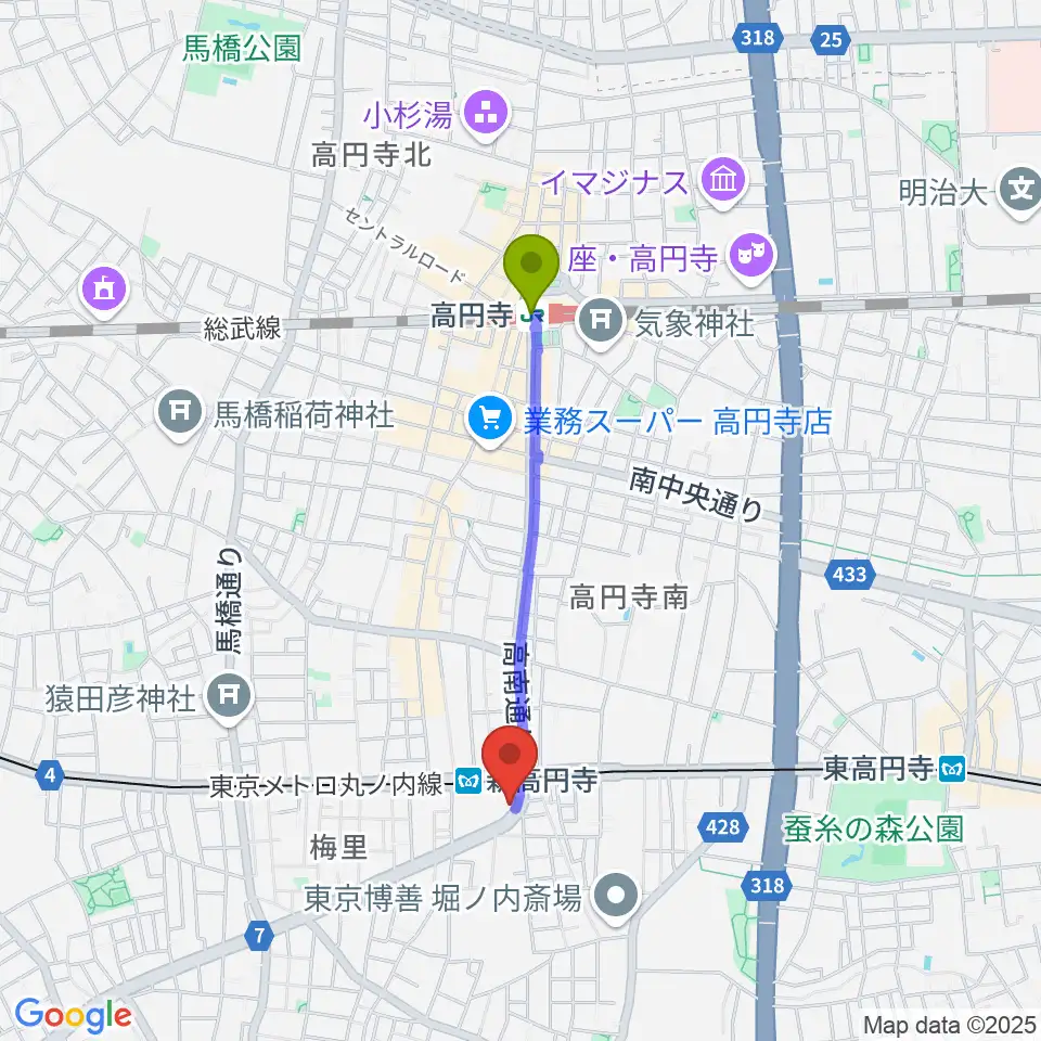 高円寺駅からラパン音楽教室へのルートマップ地図
