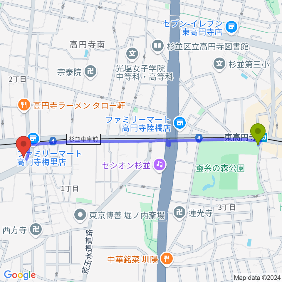 東高円寺駅からラパン音楽教室へのルートマップ地図