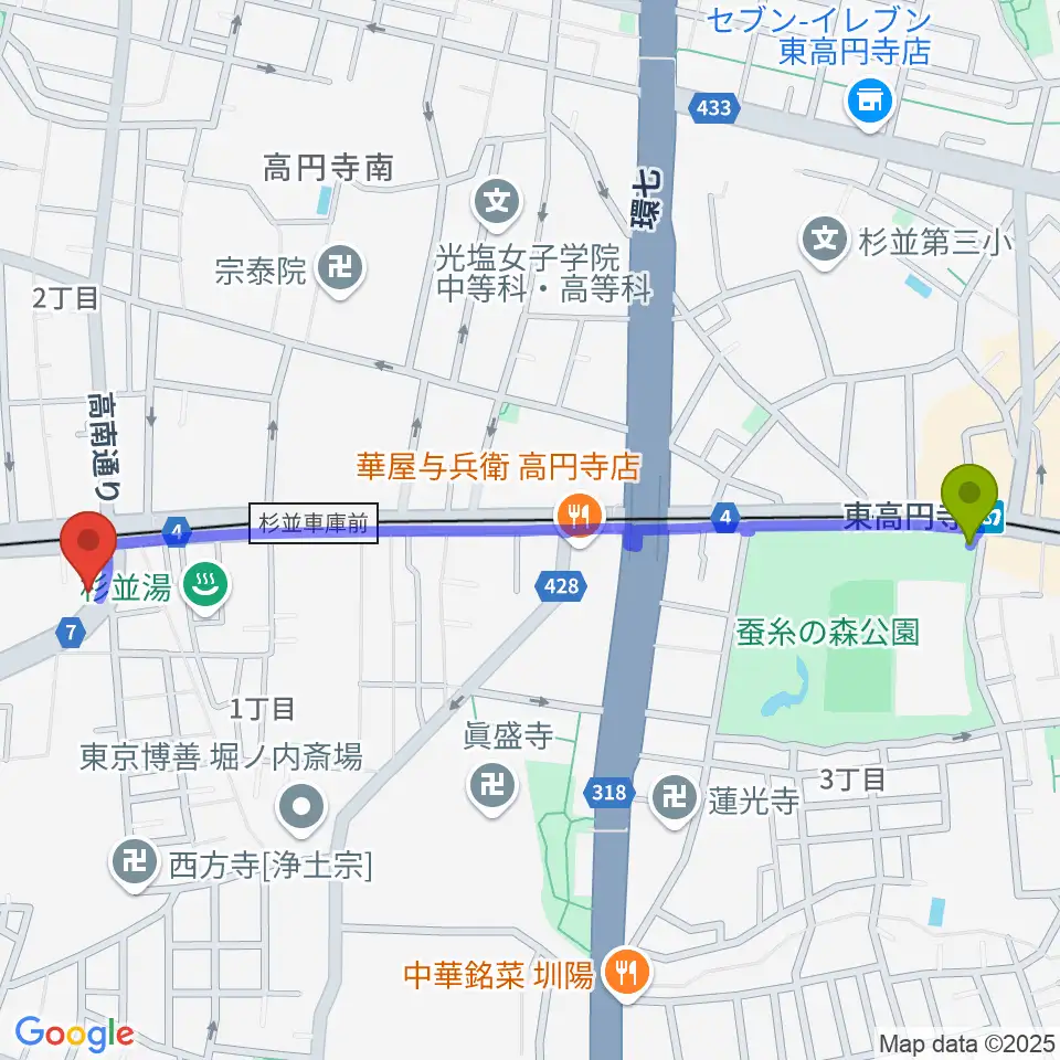 東高円寺駅からラパン音楽教室へのルートマップ地図
