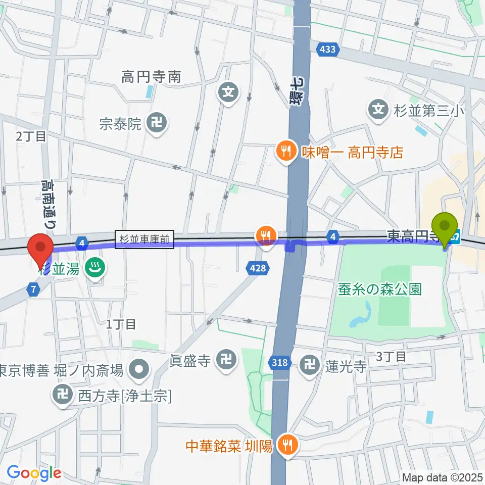 東高円寺駅からラパン音楽教室へのルートマップ地図