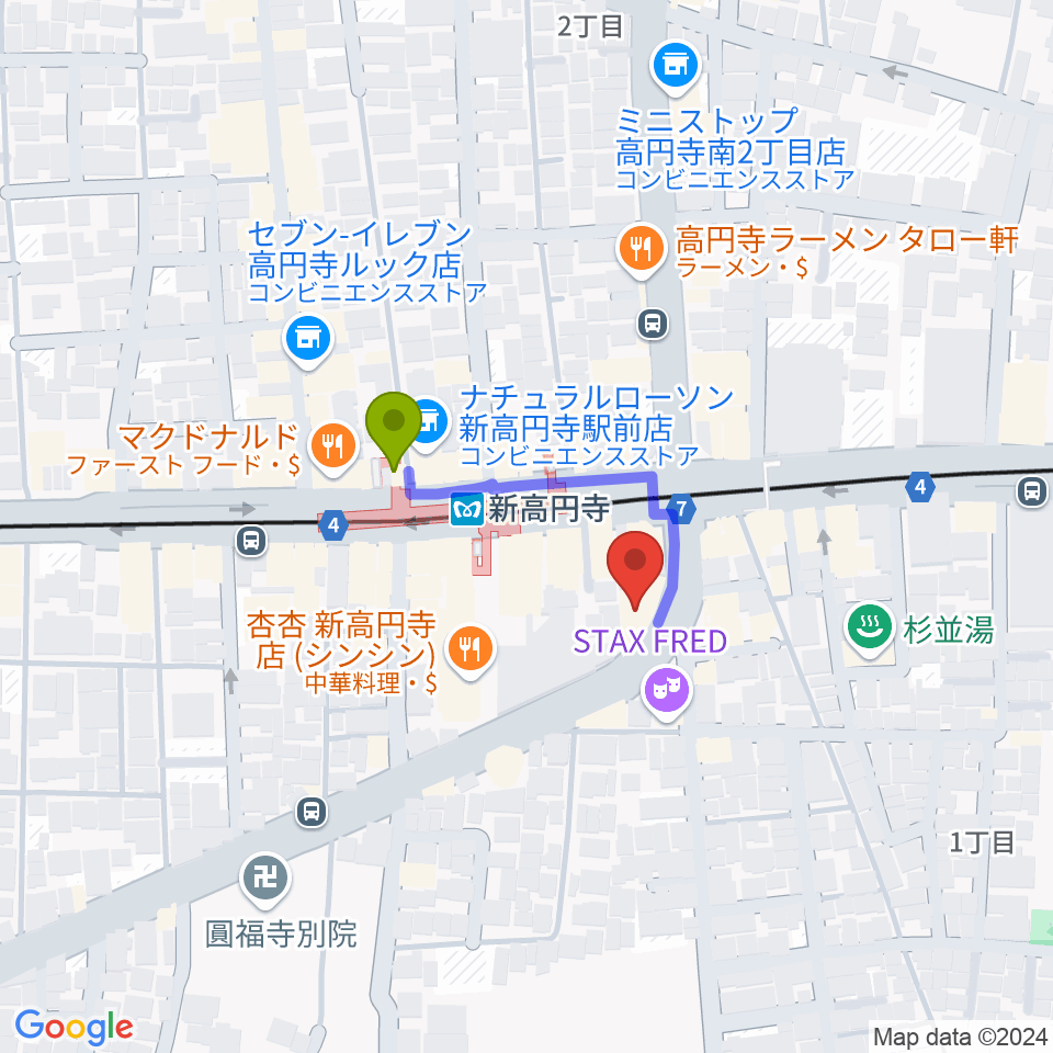 ラパン音楽教室の最寄駅新高円寺駅からの徒歩ルート（約2分）地図