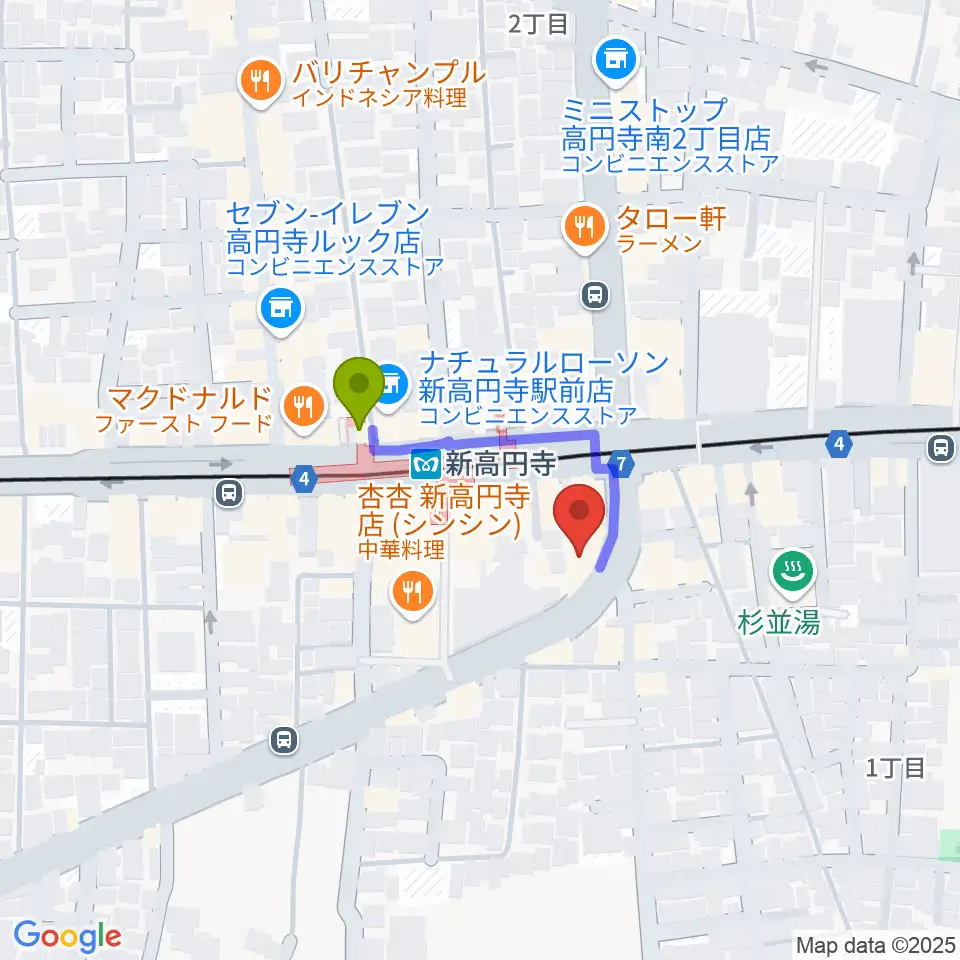 ラパン音楽教室の最寄駅新高円寺駅からの徒歩ルート（約2分）地図