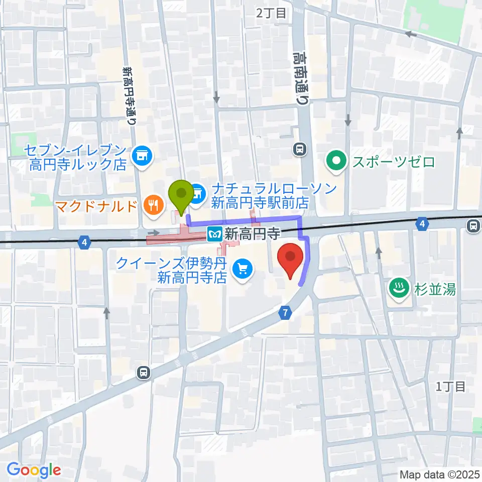 ラパン音楽教室の最寄駅新高円寺駅からの徒歩ルート（約2分）地図