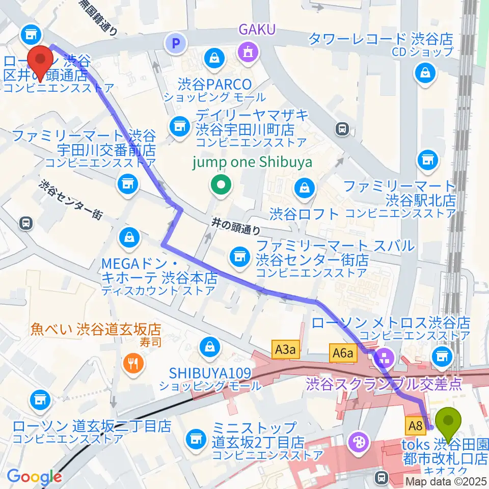 Lavocボーカル教室 渋谷校の最寄駅渋谷駅からの徒歩ルート（約9分）地図