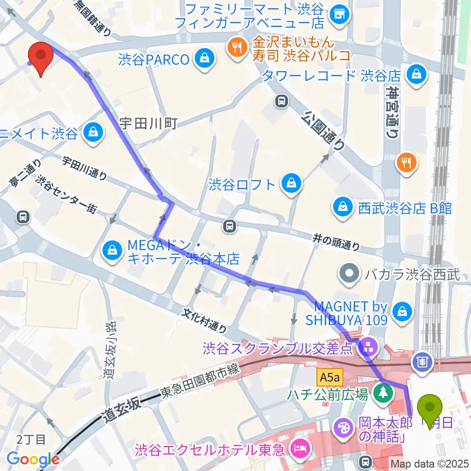 Lavocボーカル教室の最寄駅渋谷駅からの徒歩ルート（約9分）地図