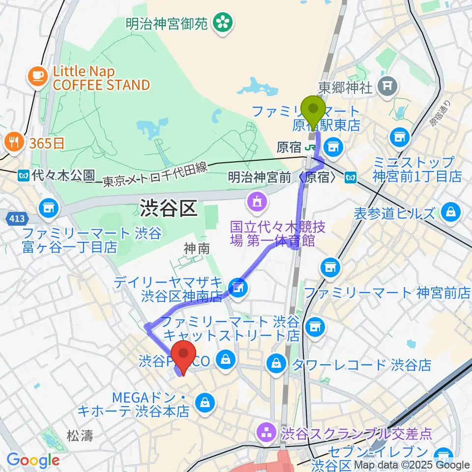 原宿駅からLavocボーカル教室 渋谷校へのルートマップ地図