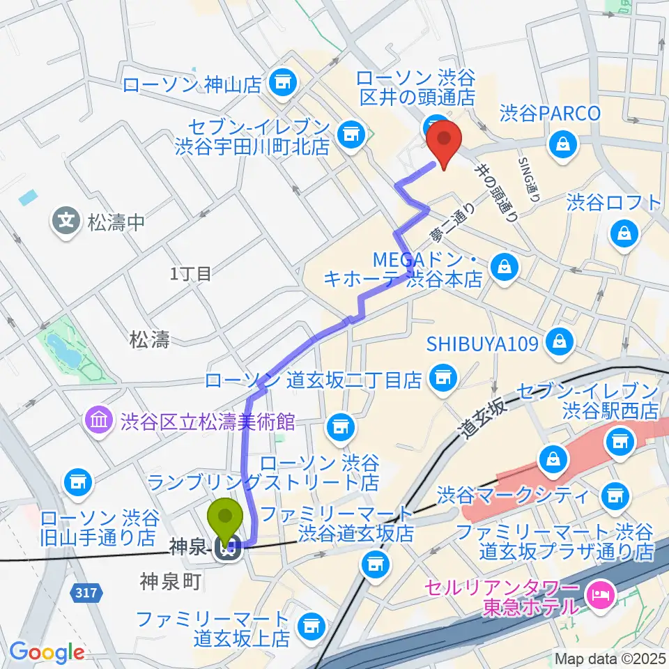 神泉駅からLavocボーカル教室 渋谷校へのルートマップ地図