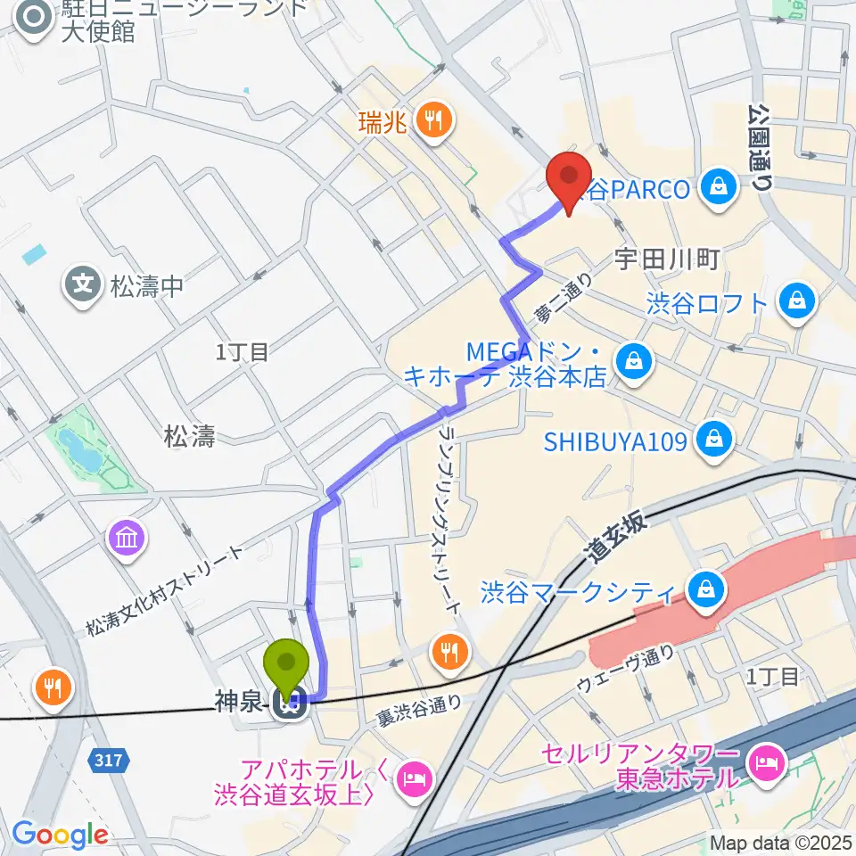 神泉駅からLavocボーカル教室へのルートマップ地図